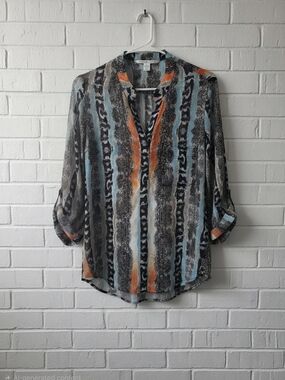 Diane Von Furstenberg Abstract Stripe V-Neck Blouse — Orange, Teal & Black